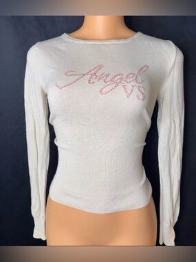 White 'Angel' Rhinestone Script Long Sleeve Top
